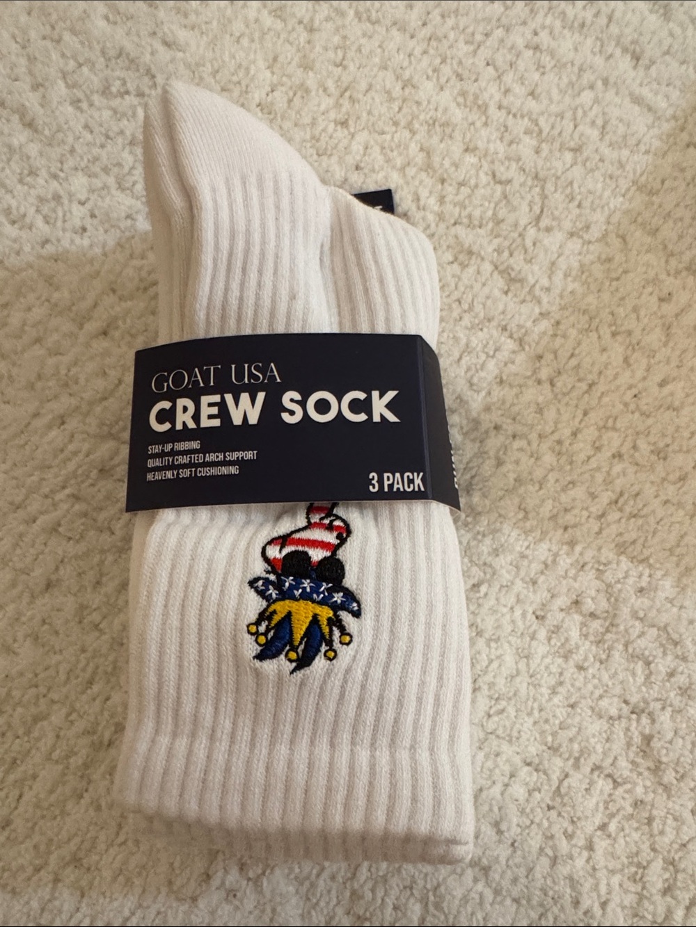 GOAT USA White Crew Socks with Embroidered Jester - 3 Pack
